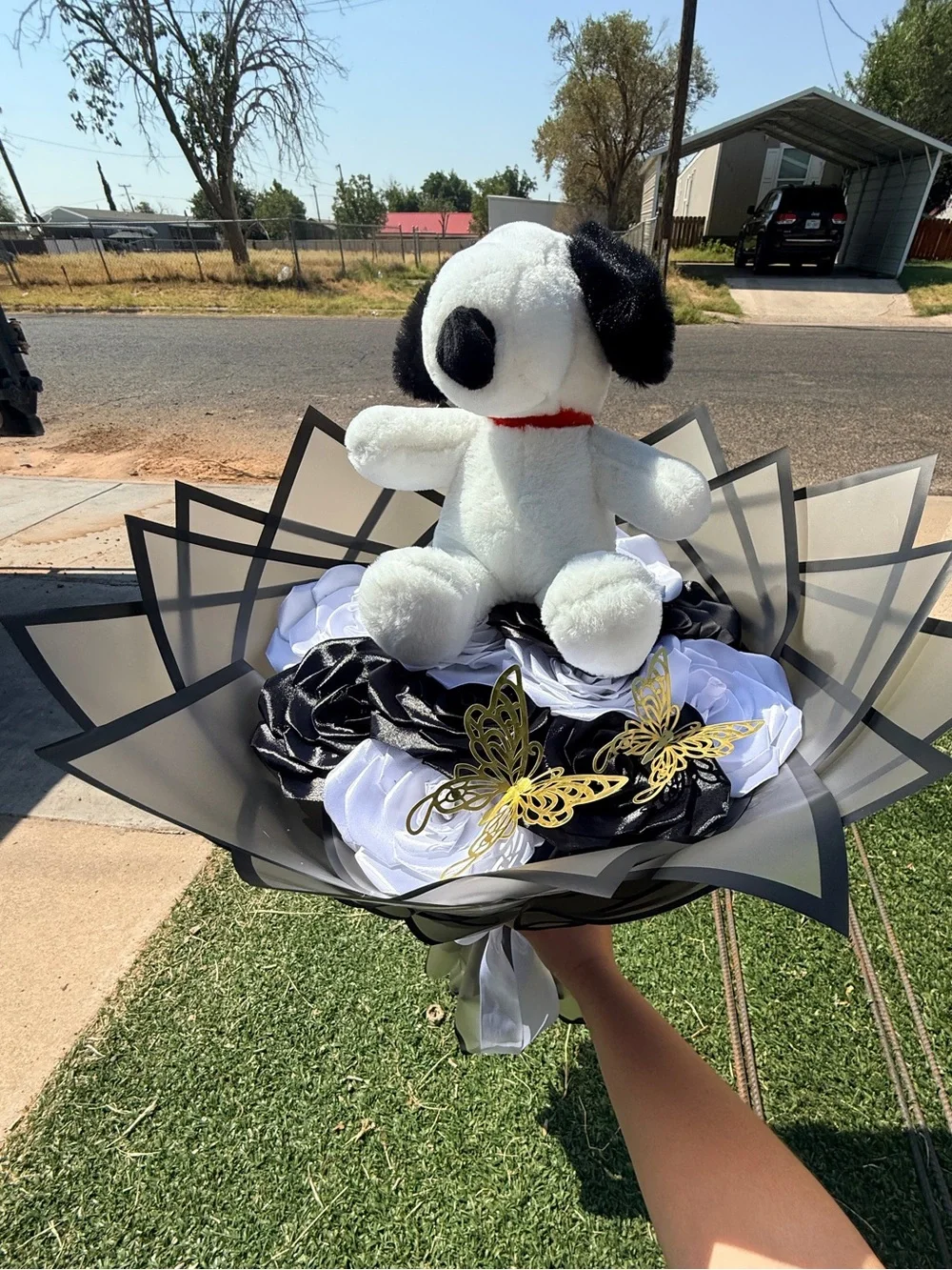 Plush Black & White Dog Toy Bouquet with Gold Butterflies - Unbranded